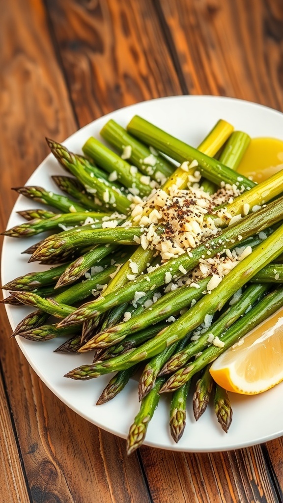 Oven-Roasted Parmesan Asparagus Recipe Oven-roasted asparagus topped with parmesan cheese, served with lemon wedges on a rustic table.